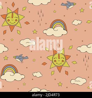 Seamless vector pattern with happy sun and clouds on pink background. Cute weather wallpaper design for children. Decorative rainbow fashion textile. Stock Vector