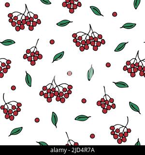 Seamless vector pattern with red berries on white background. Simple wallpaper design with rowan berry and leaves. Stock Vector