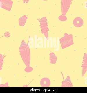 Seamless vector pattern with ice cream, cupcakes and donuts on light pink background. Sweet food wallpaper design for fashion textile. Stock Vector