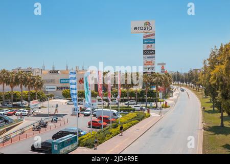 16 May 2022, Antalya, Turkiye: Road at the popular Erasta Shopping Mall in Kepez district. Famous Marketplace and trading retail store Stock Photo