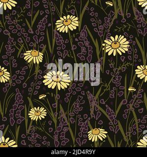 Seamless vector pattern with lavender and daisy flowers on dark green background. Vintage floral meadow wallpaper design. Stock Vector
