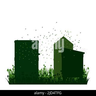 Apiary. Bee hives in meadow. Rural farm landscape. Isolated on white background. Vector Stock Vector