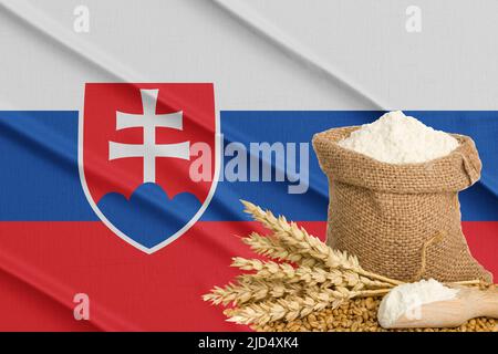 Slovakia grain crisis, Concept global hunger crisis,  On background Flag Slovakia wheat grain. Concept of growing wheat in Slovakia. 3D work and 3D im Stock Photo