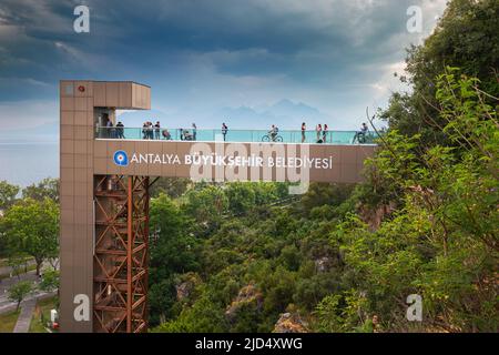 19 May 2022, Antalya, Turkey: Lift Elevator at the observation point to a fascinating seascape. Caption - Antalya Metropolitan Municipality Stock Photo