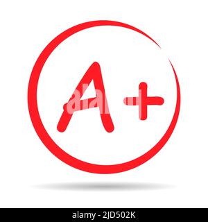 Grade result A plus with shadow. Hand drawn icon in red color. Test ...