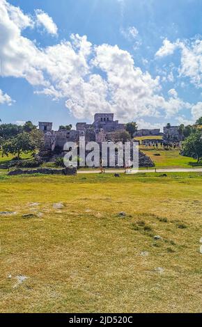 Tulum Mexico 21. February 2022 Ancient Tulum ruins Mayan site with temple ruins pyramids and artifacts in the tropical natural jungle forest palm and Stock Photo