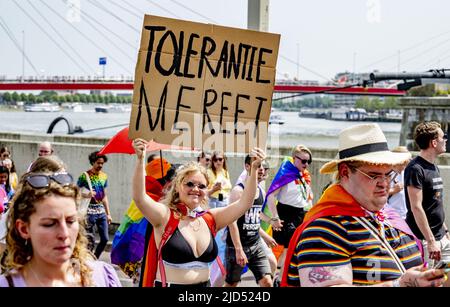 Rotterdam, Netherlands. 18th June, 2022. 2022-06-18 13:07:26 ROTTERDAM - The Pride March traditionally moves through the city during Pink Saturday. This year's event will be held in Rotterdam with a march, information market and performances that reflect on the emancipation of the LGBTQ+ community. ANP ROBIN UTRECHT netherlands out - belgium out Credit: ANP/Alamy Live News Stock Photo