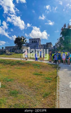 Tulum Mexico 21. February 2022 Ancient Tulum ruins Mayan site with temple ruins pyramids and artifacts in the tropical natural jungle forest palm and Stock Photo