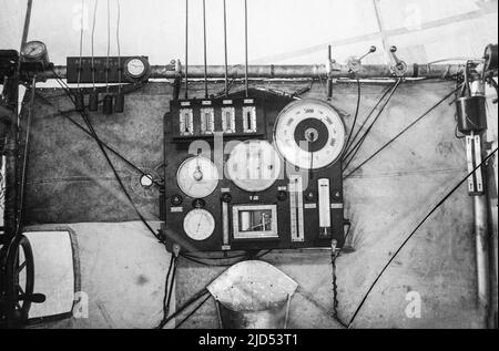 The instrument panel of the British Airship Gamma, built in 1910 for the Royal Flying Corps, before being used by The Royal Naval Air Service.Broken up in 1914. Stock Photo