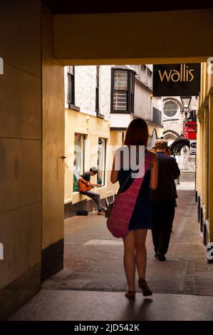 Narrow street in Galway, Ireland with a oculus window and pointed arch in site. Stock Photo