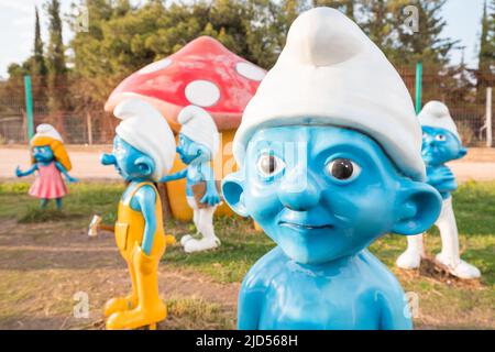 19 May 2022, Antalya, Turkey: The Smurfs from belgian franchise in child playground in amusement park Stock Photo