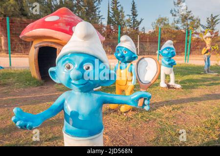 19 May 2022, Antalya, Turkey: The Smurfs from belgian franchise in child playground in amusement park Stock Photo