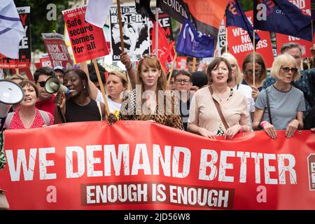 London, UK. 18th June, 2022. Shadow Chancellor of Duchy of Lancaster, Angela Rayner, joins the march. Thousands of people take to the streets for a national demonstration. With inflation spiralling out of control the Trades Union Council organised the protest to raise awareness about the cost of living crisis. Credit: Andy Barton/Alamy Live News
