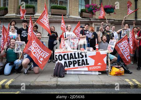 London, UK. 18th June, 2022. Socialist Appeal members prepare to march ahead of a Cost Of Living Crisis demonstration. Thousands of people take to the streets for a national demonstration. With inflation spiralling out of control the Trades Union Council organised the protest to raise awareness about the cost of living crisis. Credit: Andy Barton/Alamy Live News Stock Photo
