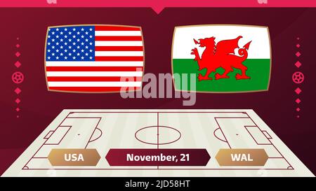 USA vs wales match. Football 2022 world championship match versus teams on soccer field. Intro sport background, championship competition final poster Stock Vector