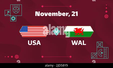 USA vs wales match. Football 2022 world championship match versus teams on soccer field. Intro sport background, championship competition final poster Stock Vector
