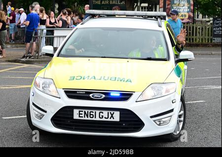 A car ambulance at speed in Horley, Surrey. Stock Photo