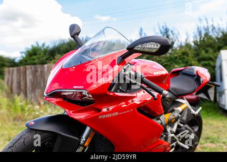 Woodbridge Suffolk UK August 14 2021: A 2019 Ducati 959 Panigale motorbike on display at a bikers meet Stock Photo