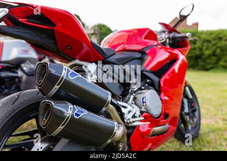 Woodbridge Suffolk UK August 14 2021: A 2019 Ducati 959 Panigale motorbike on display at a bikers meet Stock Photo