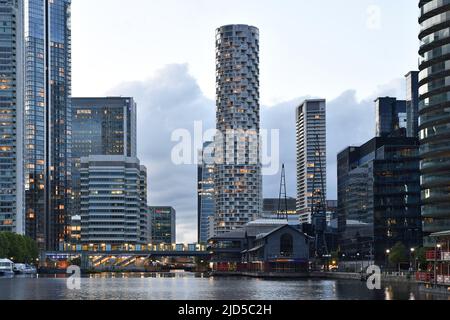 Millwall dock modern architecture with One Park Drive residential skyscraper, Isle of Dogs east London UK. Stock Photo