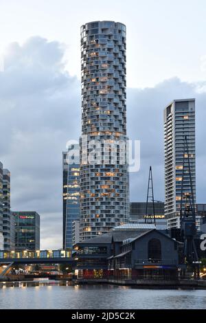 Millwall dock modern architecture with One Park Drive residential skyscraper, Isle of Dogs east London UK. Stock Photo