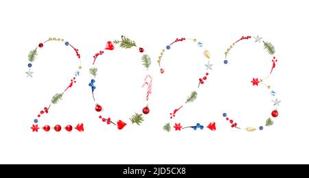 2023 Numbers made of Xmas decoration isolated on white background. Christmas and Happy New Year concept. Stock Photo