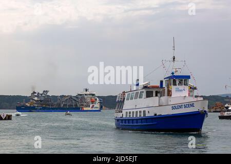 Poole, Dorset, UK. 18th June, 2022. Cemex Go Innovation Hopper Dredger arrives in Poole Harbour. CEMEX Go Innovation is the first of Damen's new Marine Aggregate Dredger (MAD) class. The MAD 3500 vessel is the result of close co-operation between CEMEX and Damen and represents the first of a new generation of efficient and economical dredgers. 103.5m long aggregate dredger. Credit: Carolyn Jenkins/Alamy Live News Stock Photo