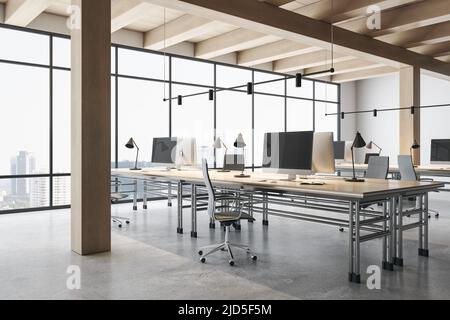 Side view on stylish eco interior design work places in open space office with wooden ceiling and columns, concrete floor and city skyscrapers view fr Stock Photo
