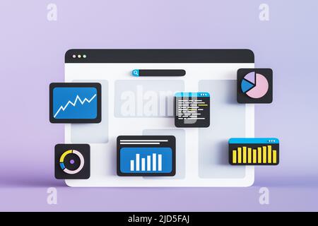 Application and website development concept for mobile device with web design factory symbols and indicators windows on light display background. 3D r Stock Photo