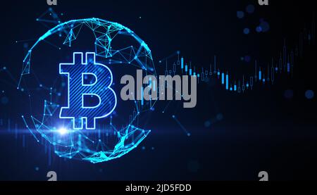Cryptocurrency and investing concept with bright digital bitcoin symbol in technological sphere and financial candlestick on dark background. 3D rende Stock Photo