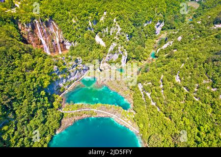 Paradise waterfalls of Plitvice lakes national park aerial view, panoramic view, Croatia Stock Photo