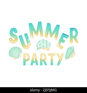 Summer party lettering gradient, doodle seashells, set for your design. Isolated, white background. Vector illustration Stock Vector