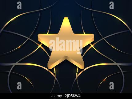 Luxury 3D golden star award badge with abstract wavy gold lines elements on dark blue background. Vector illustration Stock Vector