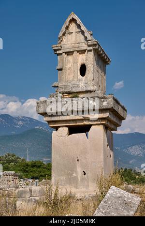 Lycian pillar tomb in ruins of ancient city Xanthos, Turkey Stock Photo
