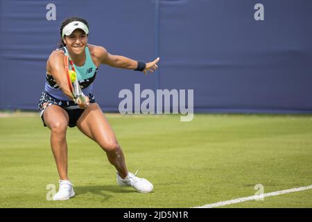Heather Watson of Great Britain playing single handed forehand in her game with Urszula Radwanska of Poland on Court 2 at Devonshire Park, Eastbourne Stock Photo