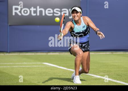 Heather Watson of Great Britain playing single handed forehand in her game with Urszula Radwanska of Poland on Court 2 at Devonshire Park, Eastbourne Stock Photo
