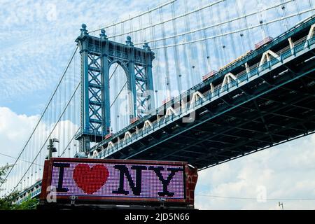 NEW YORK, NY, USA - JUNE 13, 2022: Manhattan bridge view from lower angle in nice day Stock Photo