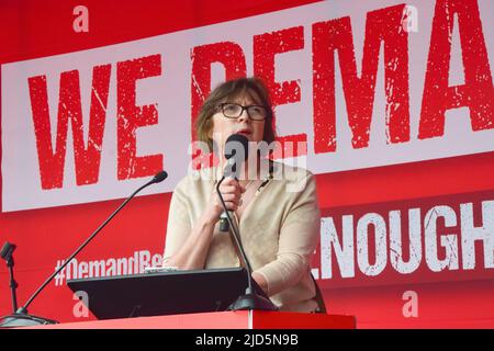 London, UK. 18th June 2022. Frances O'Grady, General Secretary of TUC, speaks to protesters in Parliament Square. Thousands of people and various trade unions and groups marched through central London in protest against the cost of living crisis, the Tory Government, the Rwanda refugee scheme and other issues. Credit: Vuk Valcic/Alamy Live News Stock Photo