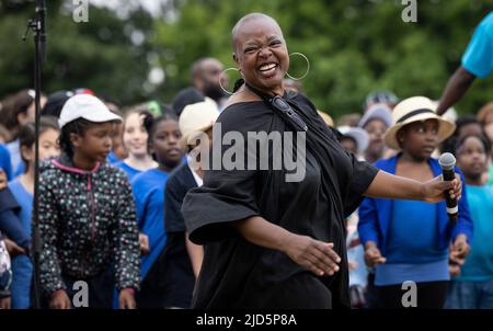 EDITORIAL USE ONLY Musician, ESKA during a music, dance and spoken word performance piece titled Hope 4 Justice, which has been created by performing arts conservatoire Trinity Laban as a form of protest and a call to action for the climate emergency as part of We Are Lewisham, the Mayor's London Borough of Culture 2022, at Mountsfield Park in London. Picture date: Saturday June 18, 2022. Stock Photo