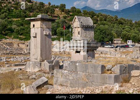 Harpy monument and Lycian tomb in ruins of ancient city Xanthos, Turkey Stock Photo