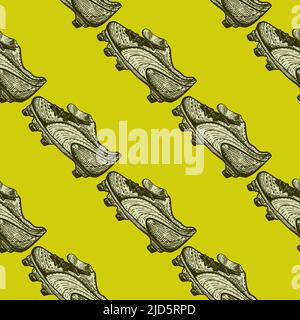 Football boots engraving seamless pattern. Vintage background sport topic in hand drawn style. Vector repeated design texture for print, fabric, wrapp Stock Vector