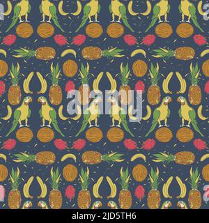 Vector seamless pattern with parrots, pineapples, bananas, coconuts and dragon fruits. Exotic hand drawn pattern. Stock Vector