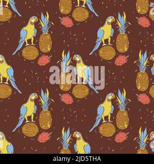 Vector seamless pattern with ara and exotic fruits. Design with parrot, pineapple, dragon fruit and coconut. Stock Vector