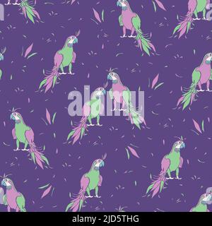 Vector seamless pattern with vivid parrots. Beautiful hand drawn design with ara. Stock Vector