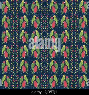 Vector seamless pattern with lovebirds. Hand drawn design with colorful parrots. Stock Vector