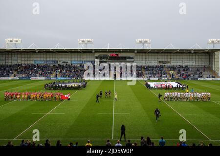 Warrington, UK. 18th June, 2022. The two teams line up for the national anthems in Warrington, United Kingdom on 6/18/2022. (Photo by James Heaton/News Images/Sipa USA) Credit: Sipa USA/Alamy Live News Stock Photo