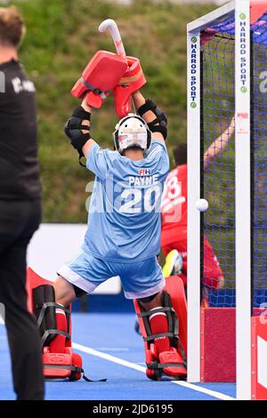 England's goalkeeper Ollie Payne fails to stop a goal during a hockey match between England and the Belgian Red Lions in the group stage (game 15 out of 16) of the Men's FIH Pro League competition, Saturday 18 June 2022 in London, United Kingdom. BELGA PHOTO LAURIE DIEFFEMBACQ Stock Photo