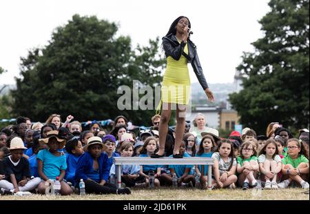 EDITORIAL USE ONLY Charlotte David during a music, dance and spoken word performance piece titled Hope 4 Justice, which has been created by performing arts conservatoire Trinity Laban as a form of protest and a call to action for the climate emergency as part of We Are Lewisham, the Mayor's London Borough of Culture 2022, at Mountsfield Park in London. Picture date: Saturday June 18, 2022. Stock Photo