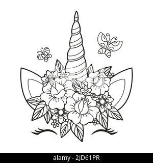 Beautiful unicorn horn with flowers. Black and white linear drawing. Vector Stock Vector