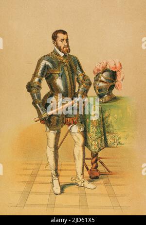 Charles V (1500-1558). Holy Roman Emperor and Archduke of Austria (1519-1556), king of Spain (1516-1556) and Lord of the Netherlands as titular Duke of Burgundy (1506-1555). Portrait. Chromolithography. 'Historia Universal' (Universal History), by César Cantú. Volume VII. Published in Barcelona, 1886. Stock Photo